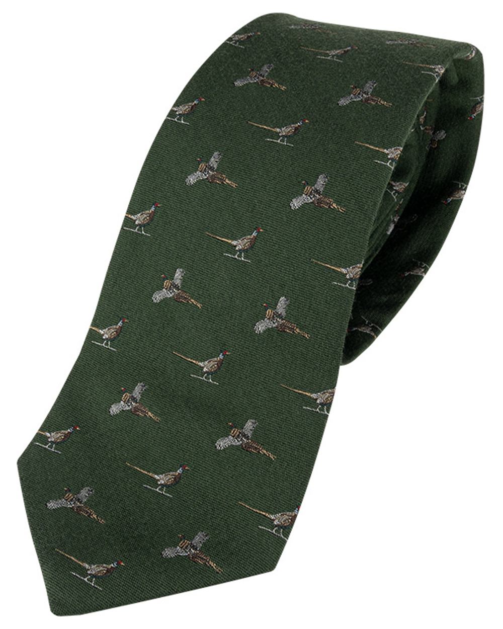 Green coloured Jack Pyke Silk Tie Pheasant on white background 