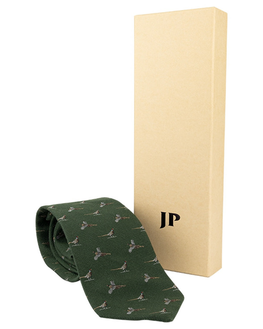 Green coloured Jack Pyke Silk Tie Pheasant on white background 