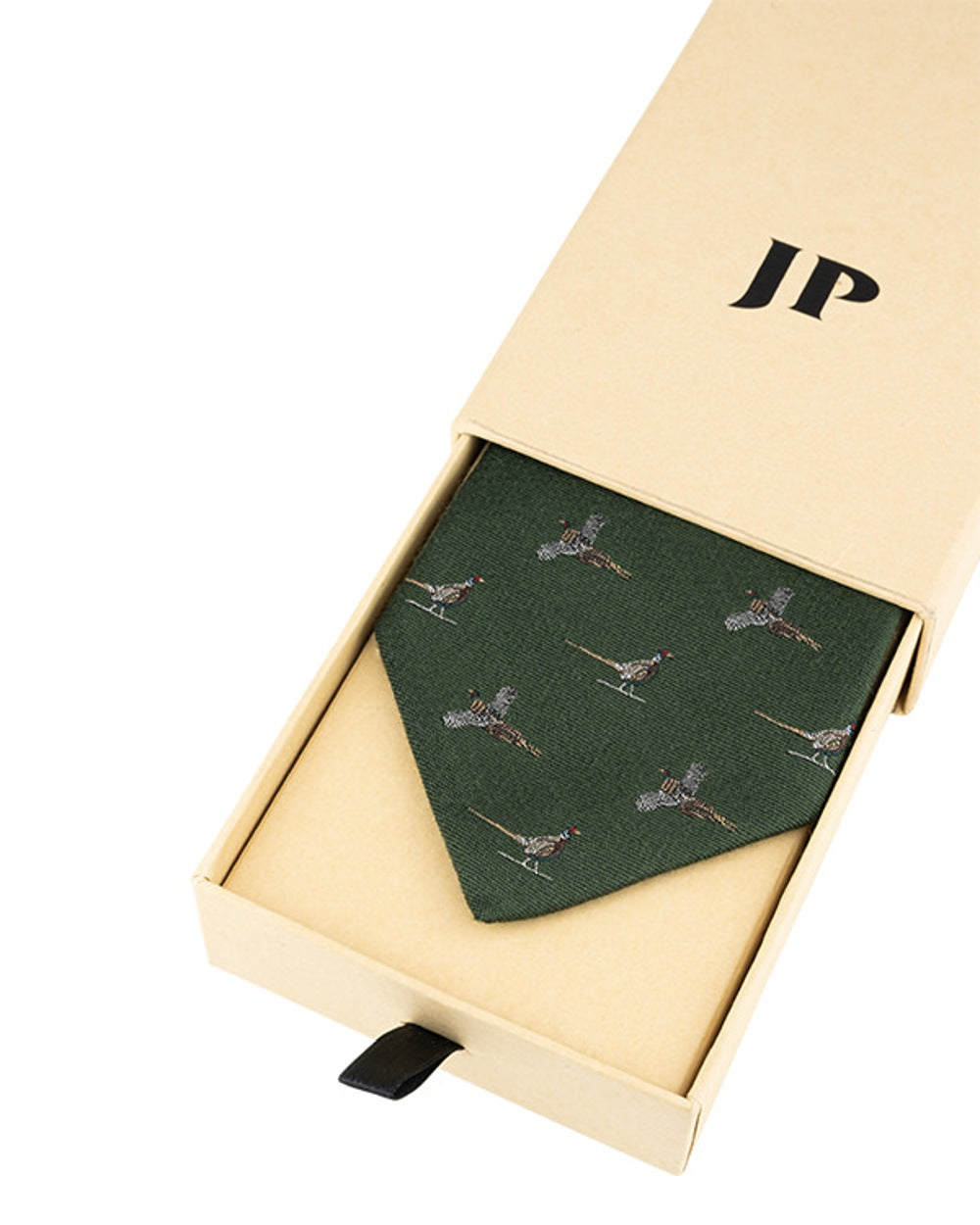 Green coloured Jack Pyke Silk Tie Pheasant on white background 