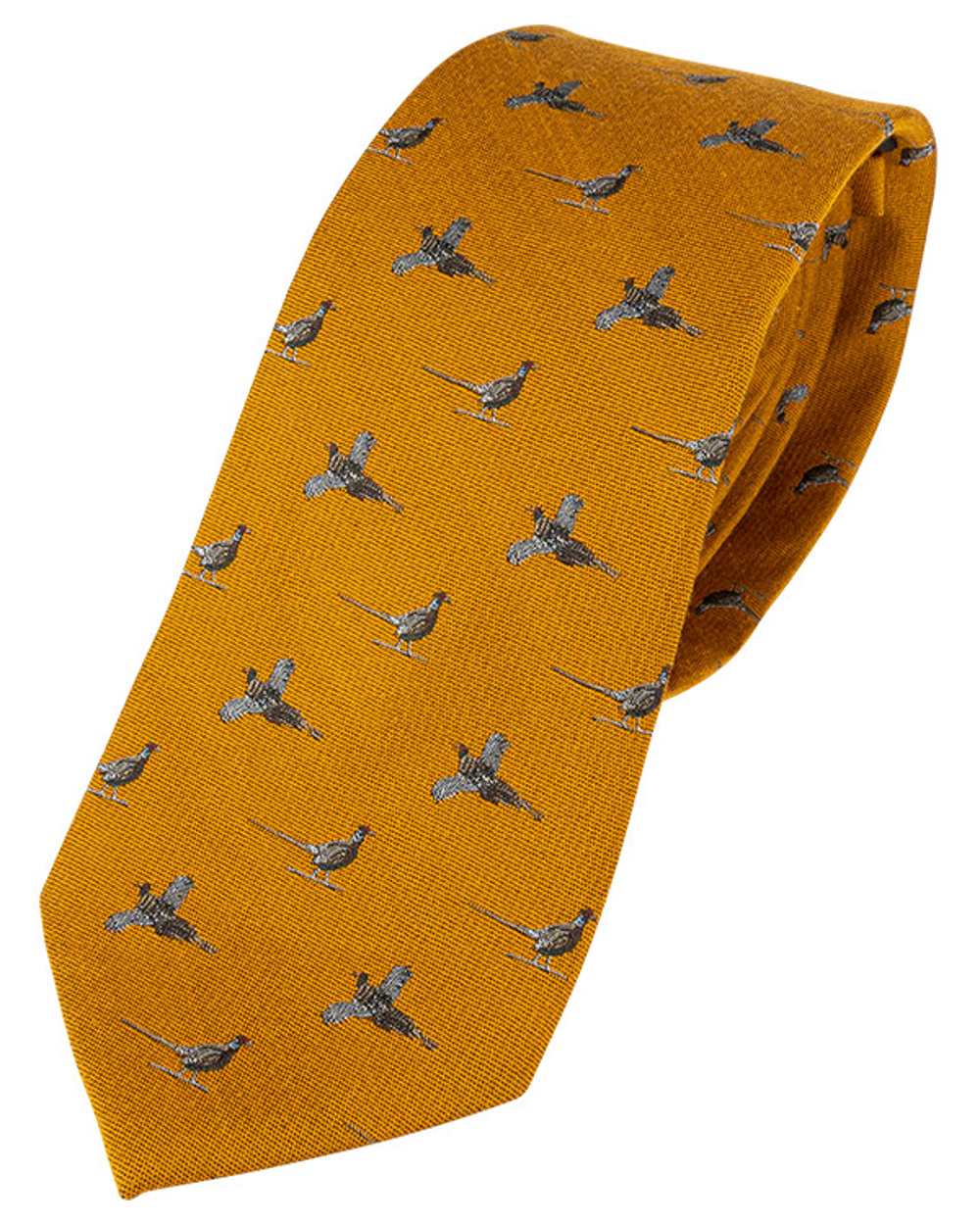 Mustard coloured Jack Pyke Silk Tie Pheasant on white background 