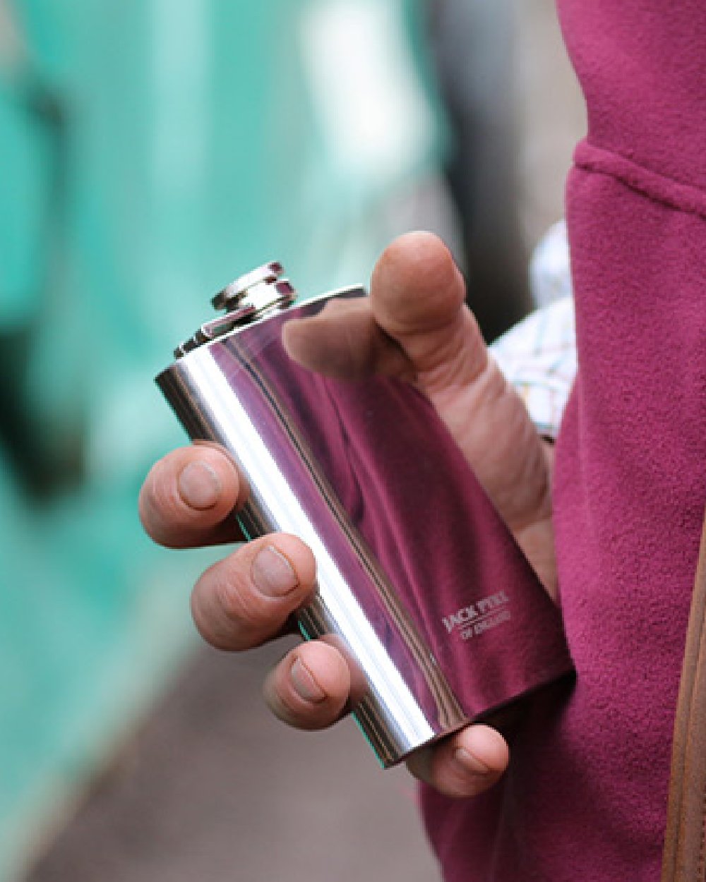 Stainless Coloured Jack Pyke Stainless Steel Hip Flask on Outdoor Background
