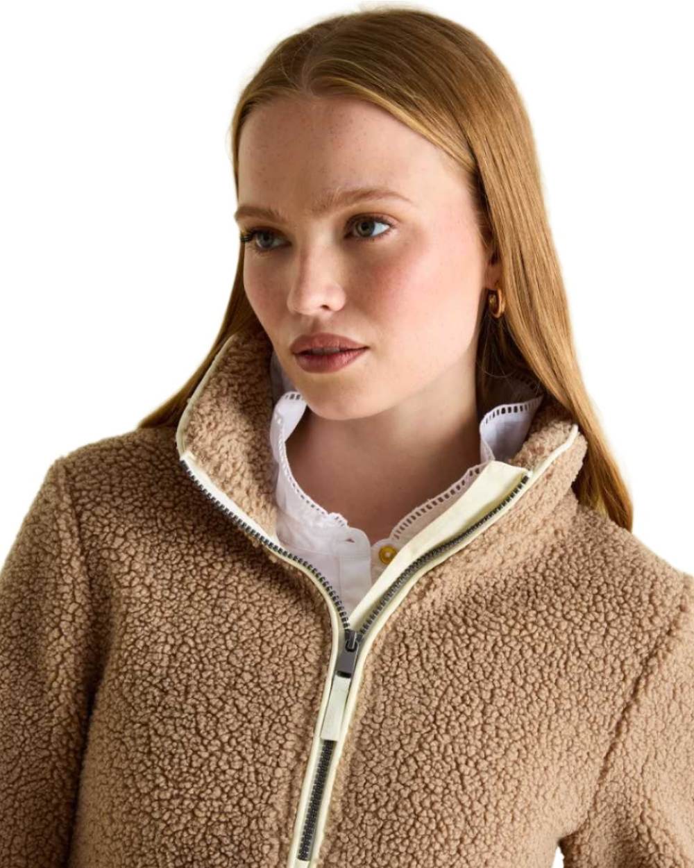 Tan Coloured Joules Aldeburgh Quarter Zip Borg Fleece Jacket On A White Background 