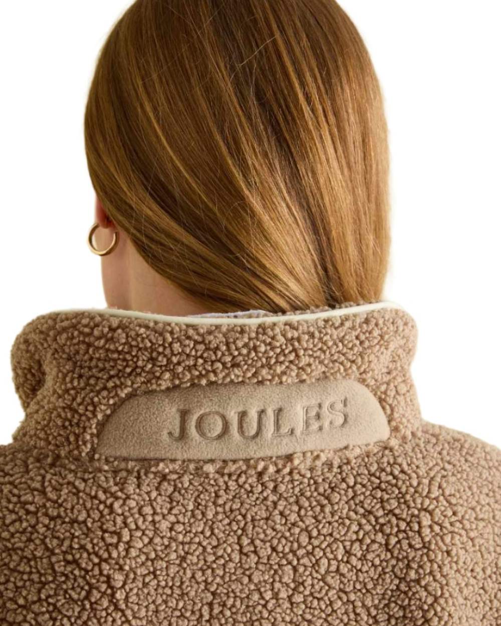 Tan Coloured Joules Aldeburgh Quarter Zip Borg Fleece Jacket On A White Background 