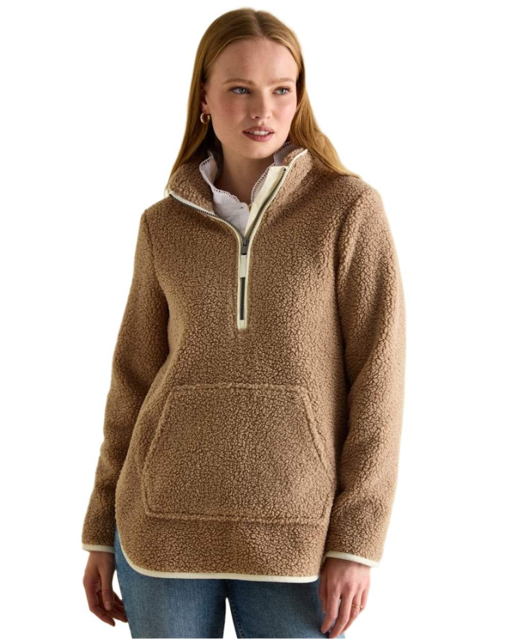 Tan Coloured Joules Aldeburgh Quarter Zip Borg Fleece Jacket On A White Background 