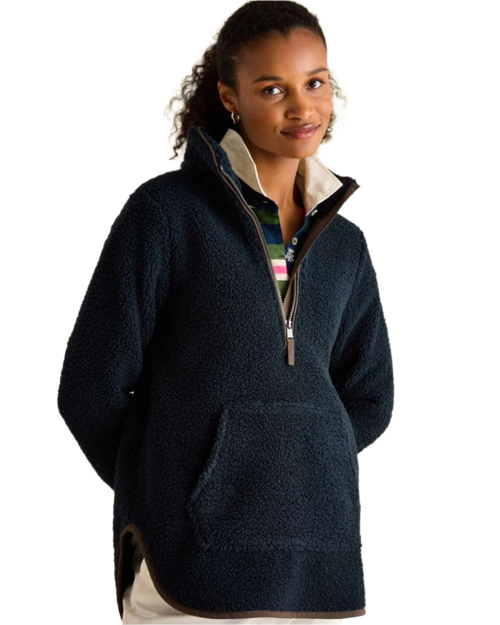 Navy Coloured Joules Aldeburgh Quarter Zip Borg Fleece Jacket On A White Background 