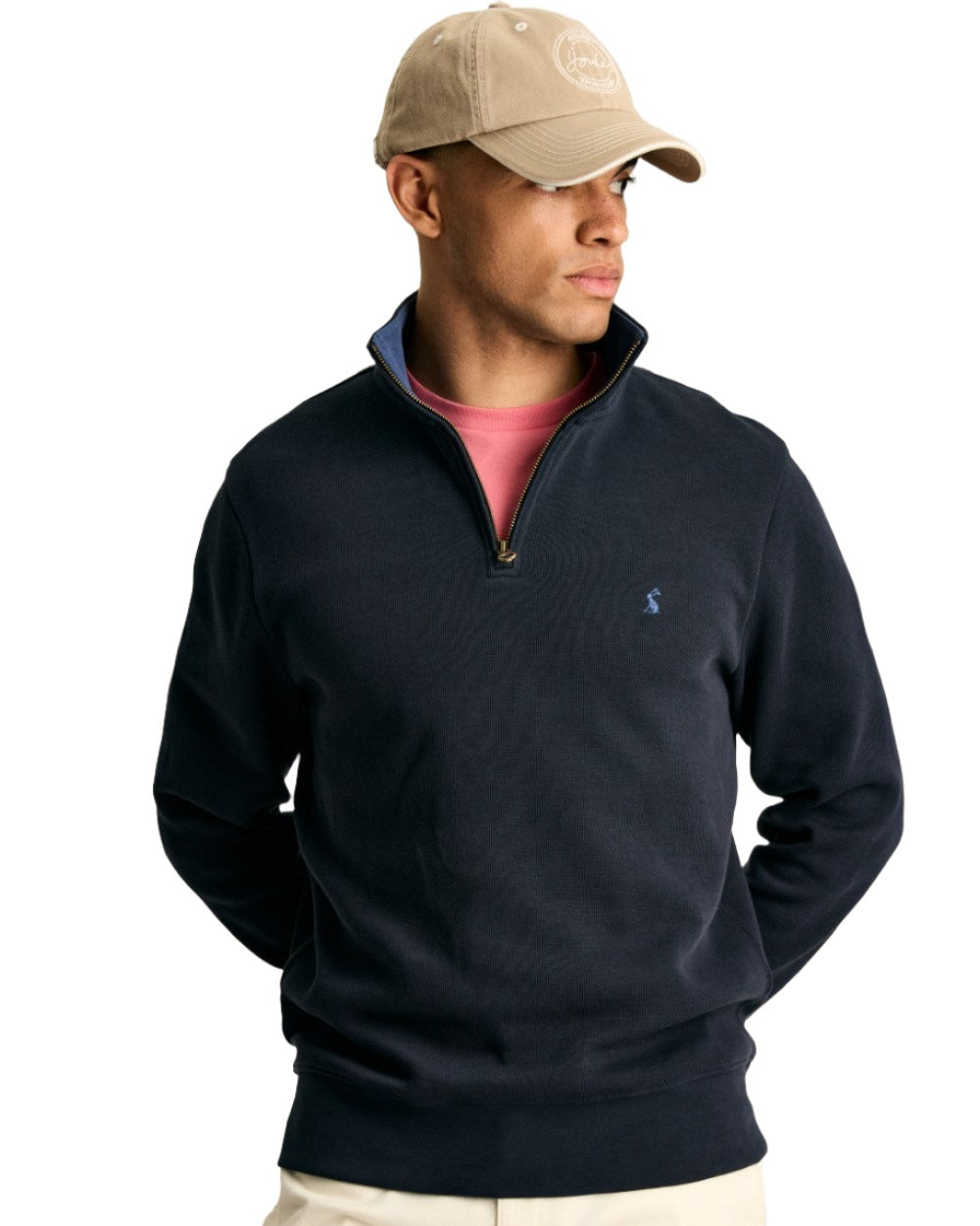 Navy Coloured Joules Alistair Quarter Zip Cotton Sweatshirt On A White Background 