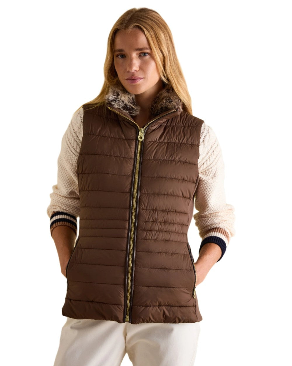 Brown Coloured Joules Beckley Padded Showerproof Gilet On A White Background 