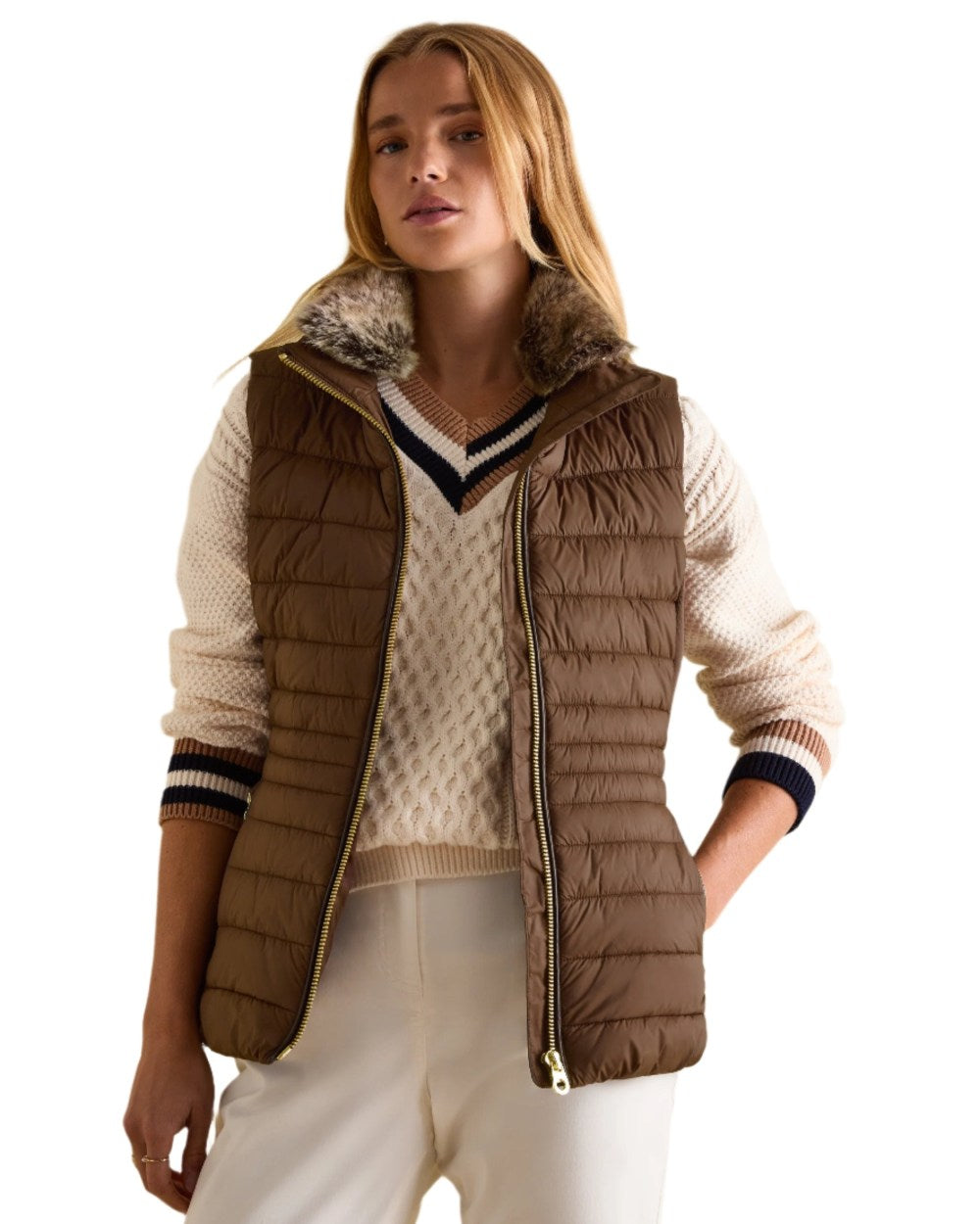 Brown Coloured Joules Beckley Padded Showerproof Gilet On A White Background 