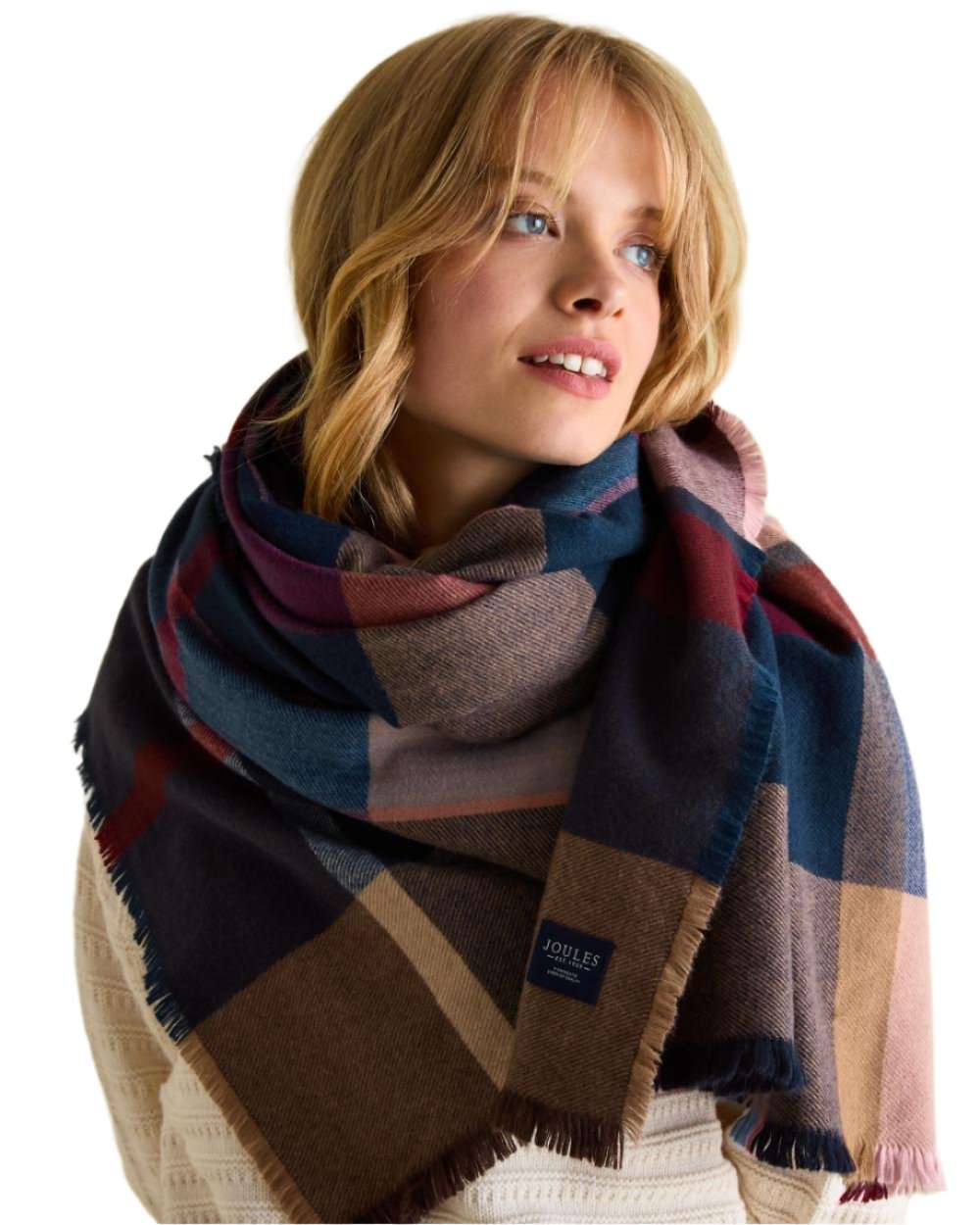 Multi Coloured Joules Bracewell Checked Blanket Scarf On A White Background