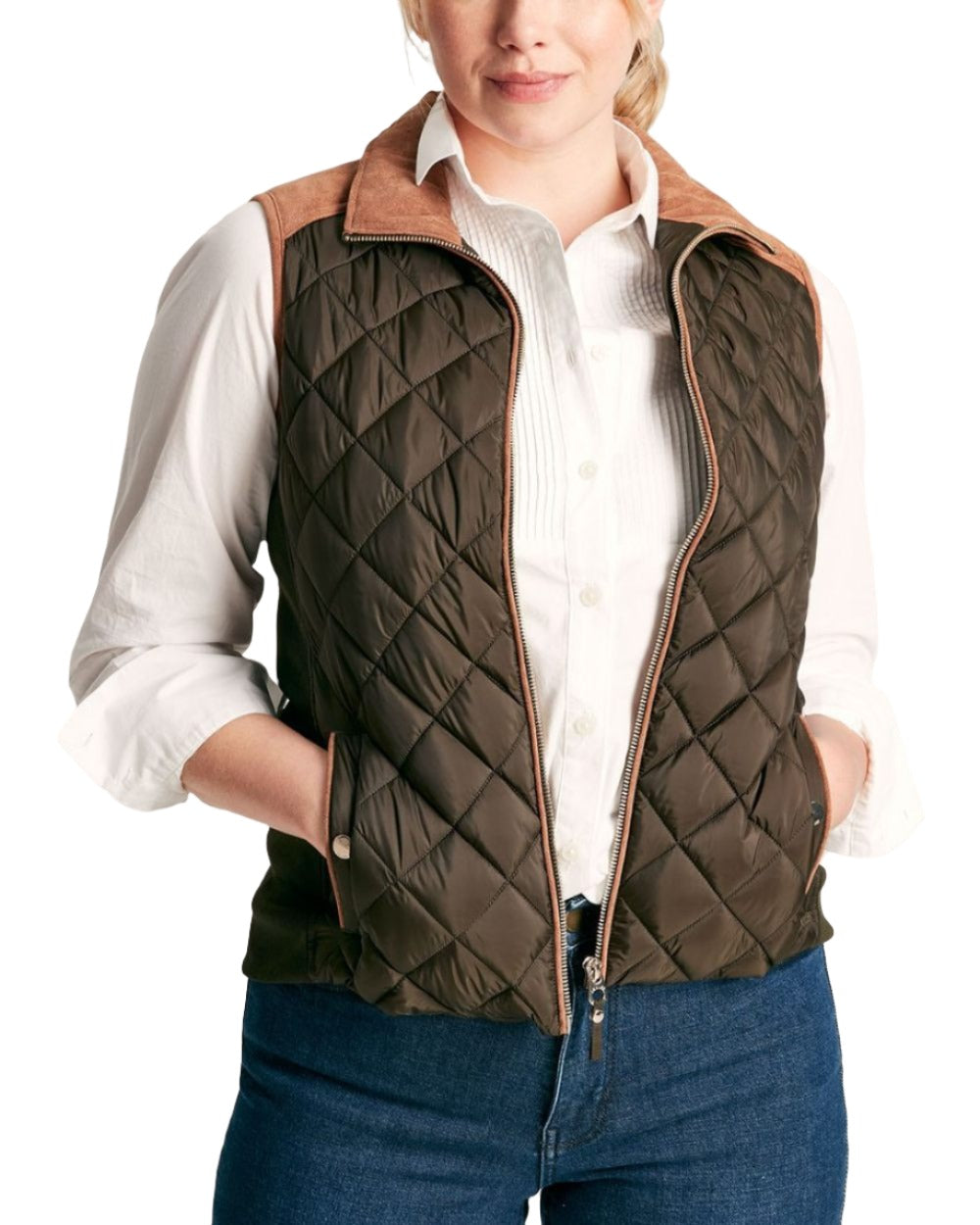 Green Coloured Joules Braemar Luxe Gilet On A White Background 