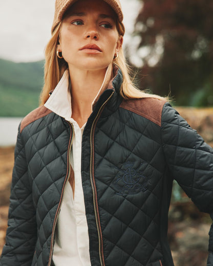 Navy Coloured Joules Braemar Luxe Jacket On A Forest Background 