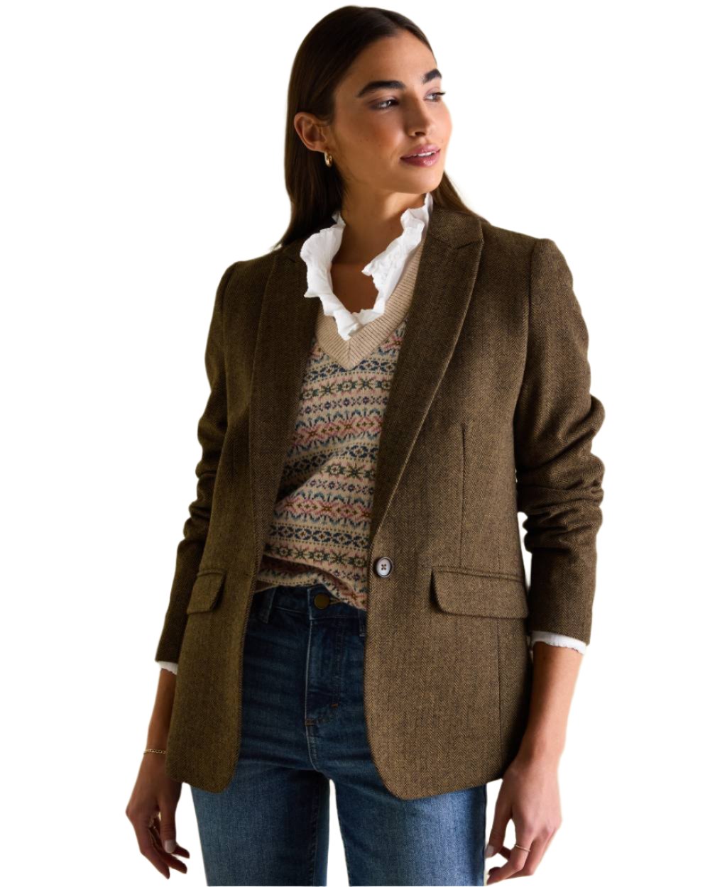 Brown Coloured Joules Bramble Tweed Blazer On A White Background 