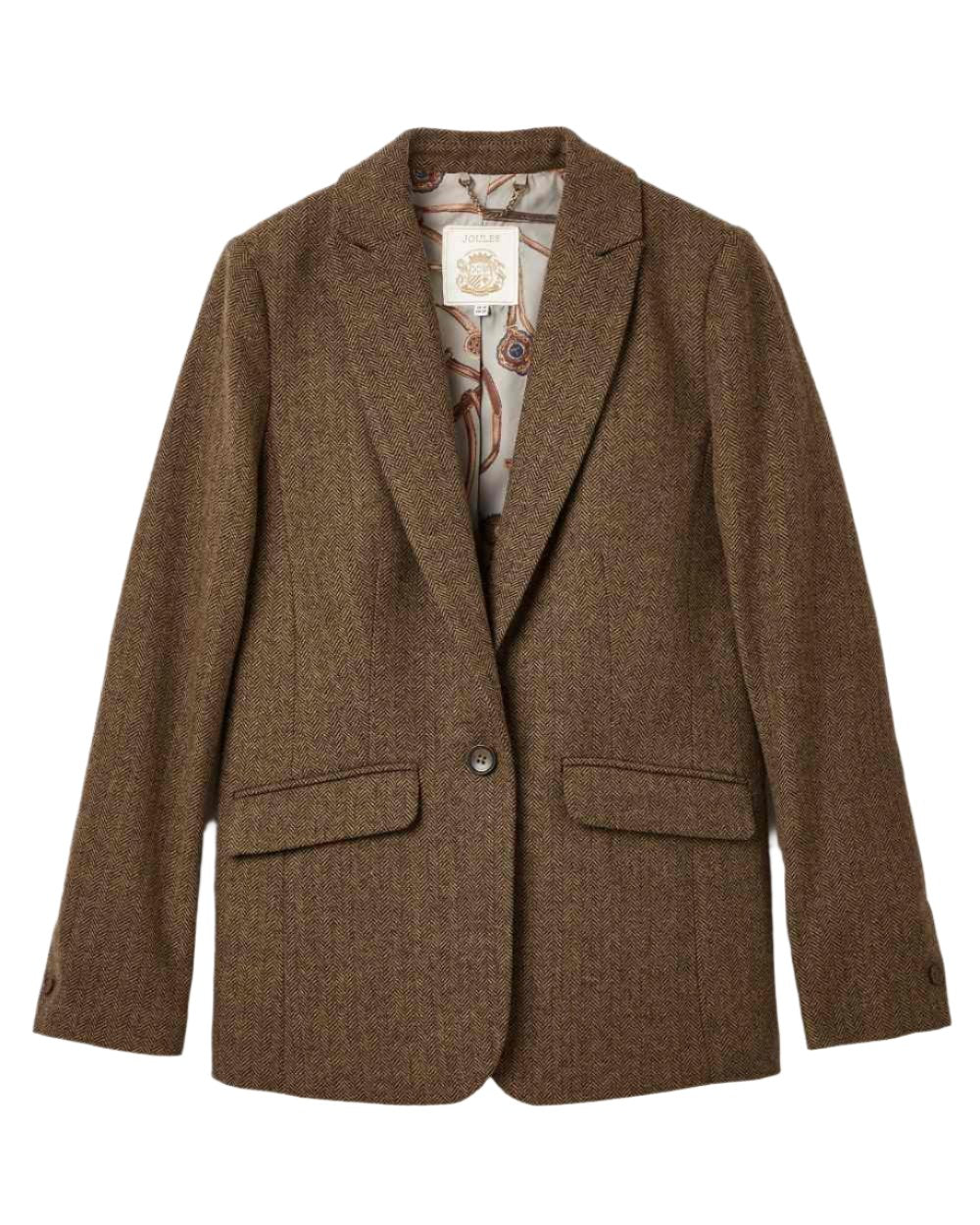 Brown Coloured Joules Bramble Tweed Blazer On A White Background 