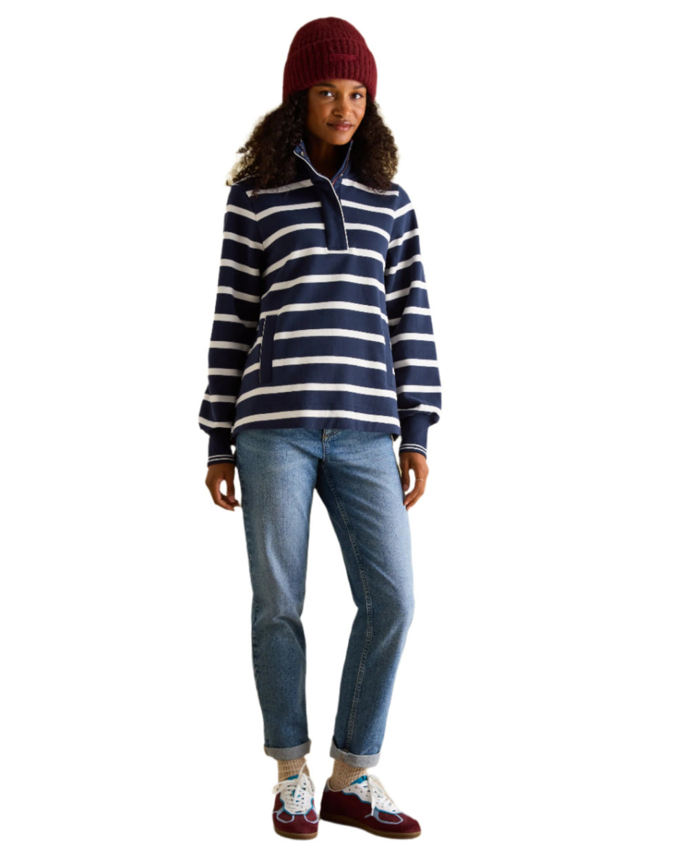 Navy Blue Coloured Joules Burnham Funnel Neck Quarter Zip Sweatshirt On A White Background