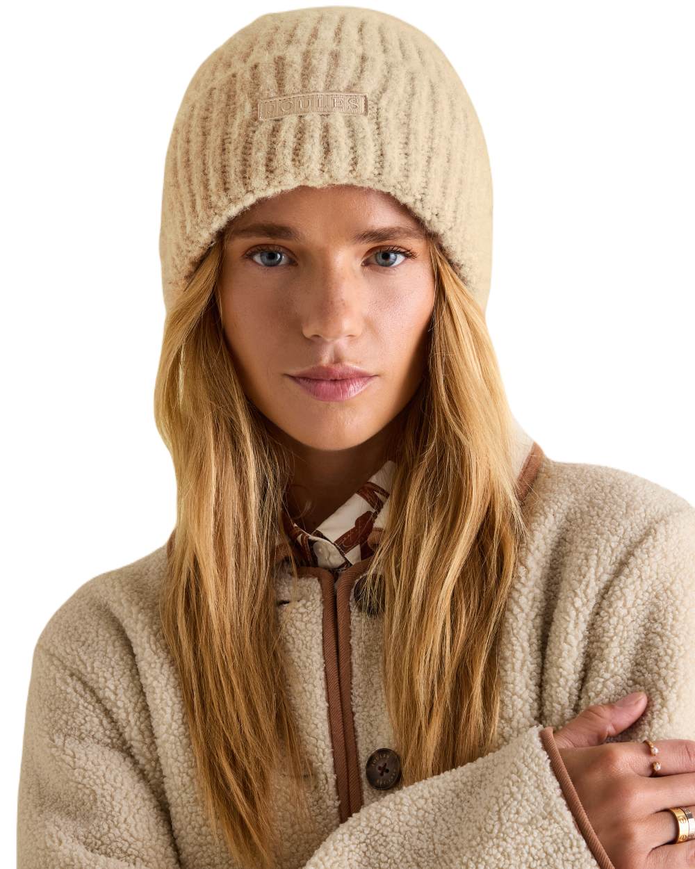 Oat Coloured Joules Caversham Beanie On A White Background 