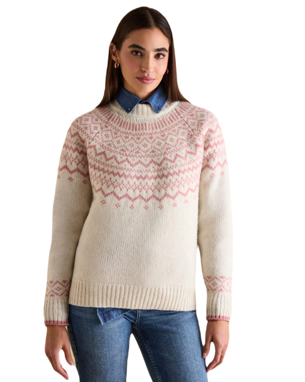 Cream Coloured Joules Charlotte Crew Neck Fair Isle Jumper On A White Background 