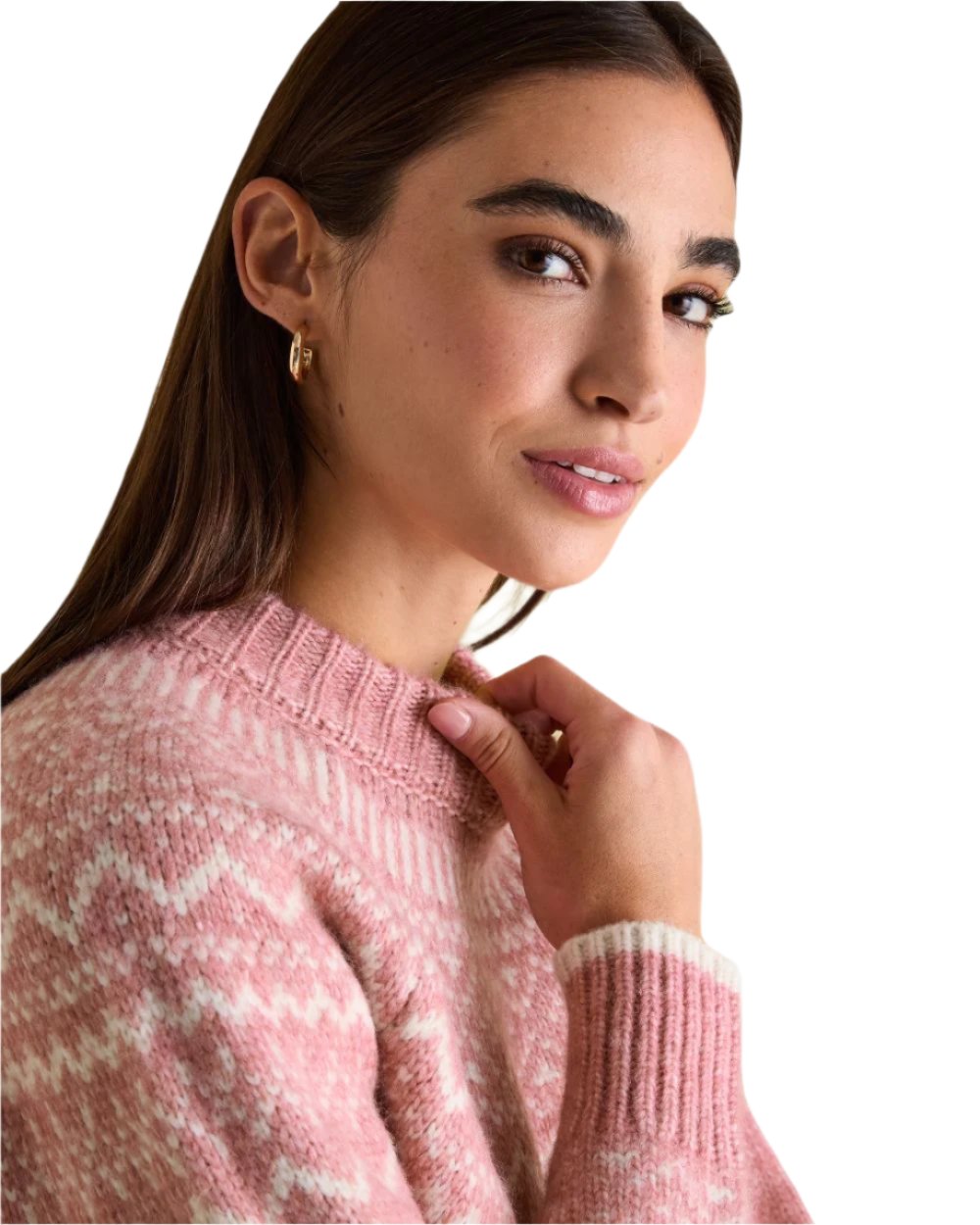 Pink Coloured Joules Charlotte Crew Neck Fair Isle Jumper On A White Background 