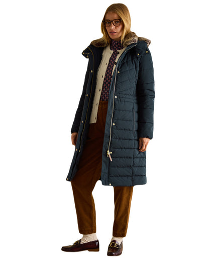 Navy Coloured Joules Cherington Showerproof Longline Padded Coat On A White Background