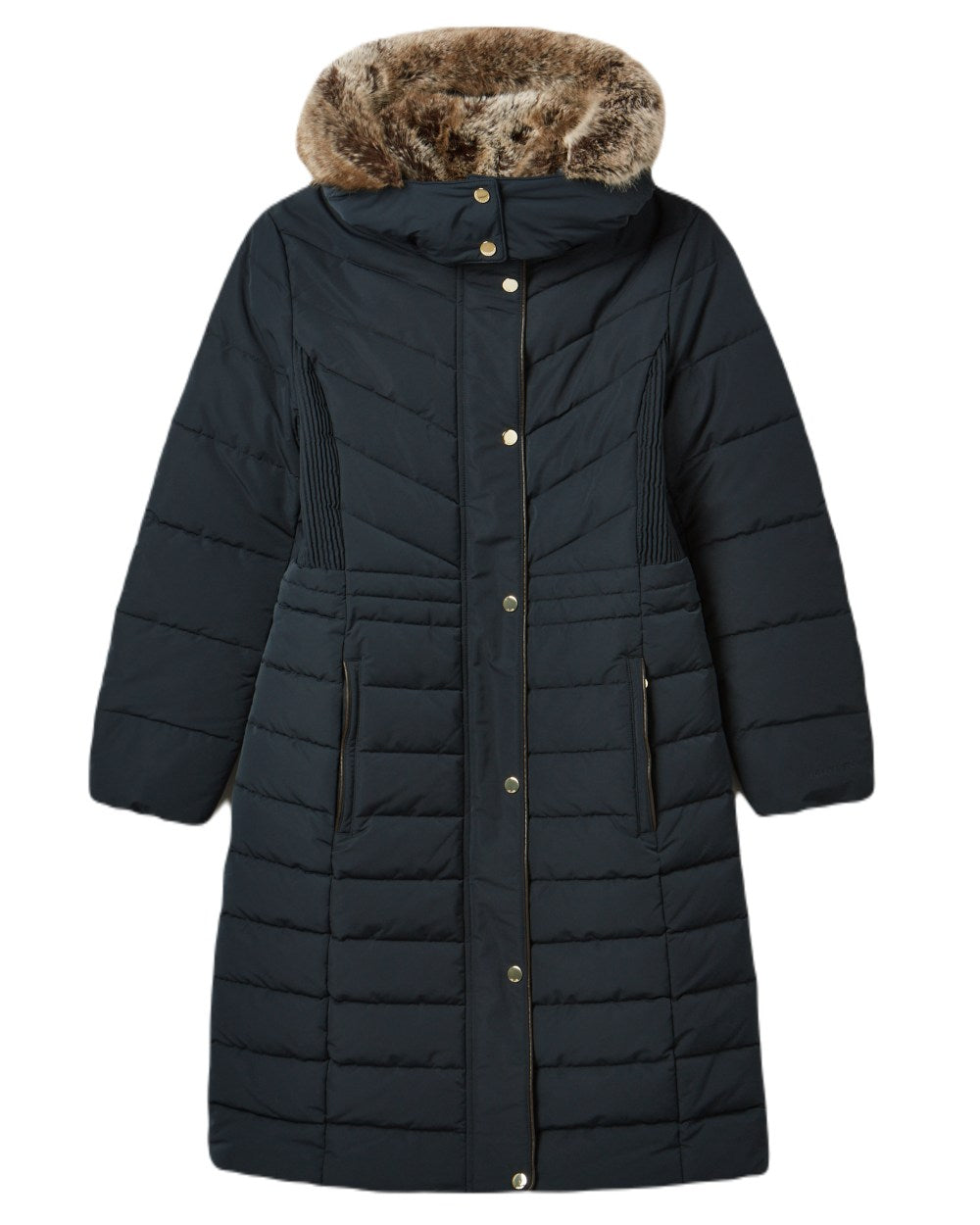 Navy Coloured Joules Cherington Showerproof Longline Padded Coat On A White Background