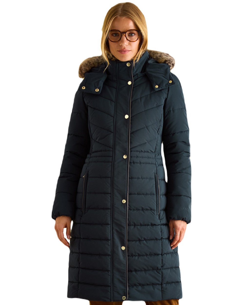 Navy Coloured Joules Cherington Showerproof Longline Padded Coat On A White Background