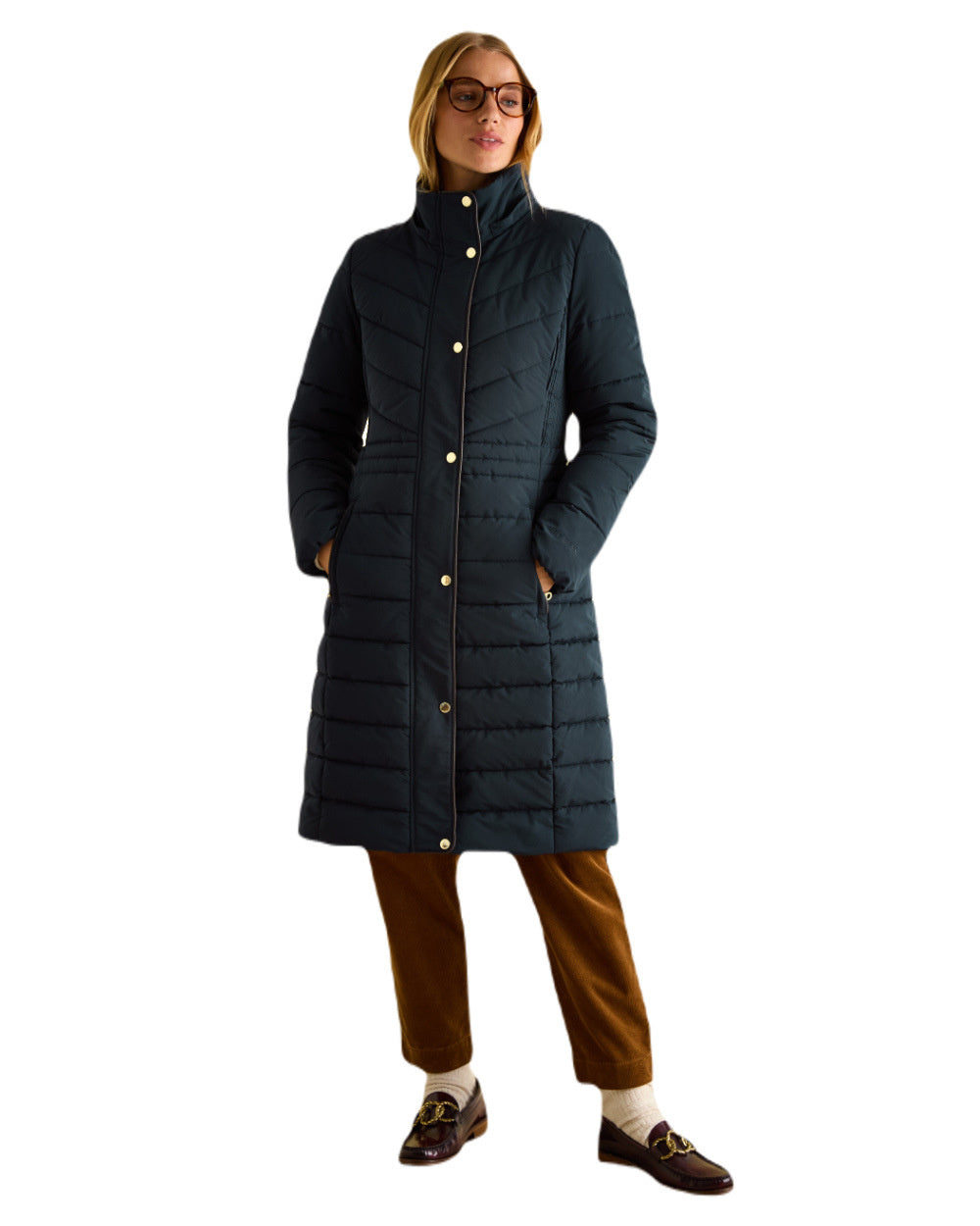 Navy Coloured Joules Cherington Showerproof Longline Padded Coat On A White Background