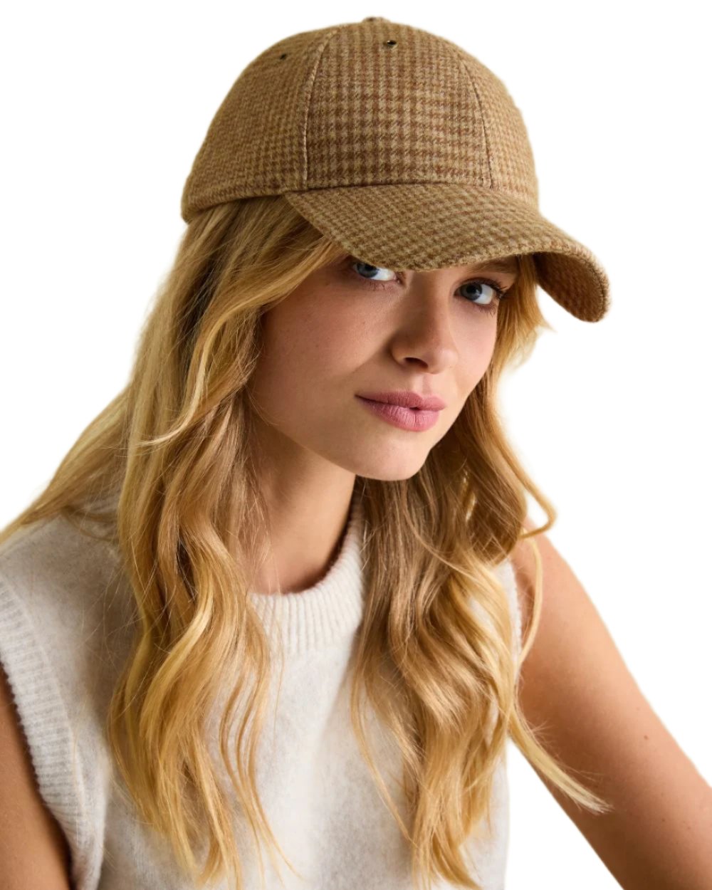 Neutral Coloured Joules Daley Check Cap On A White Background 