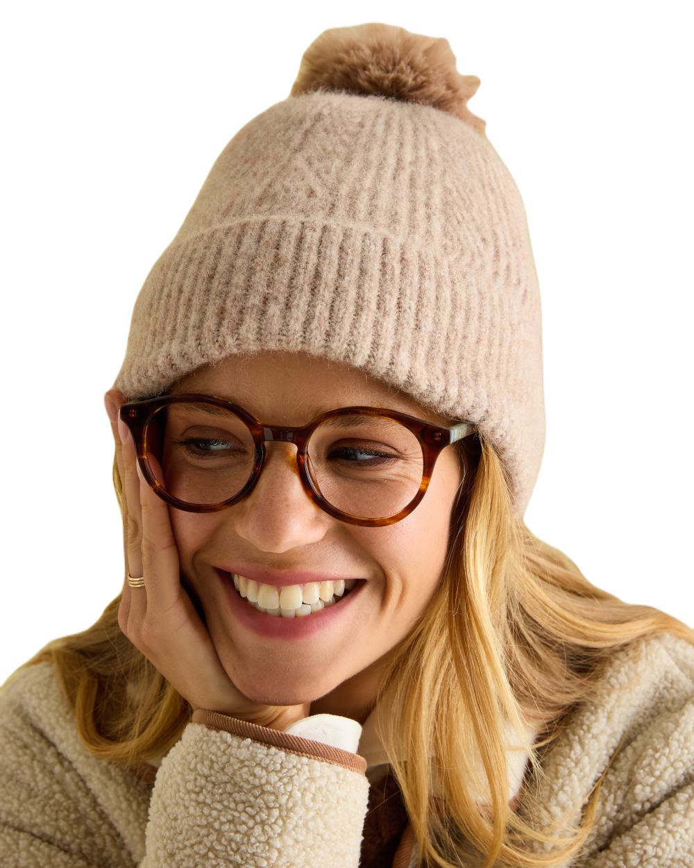 Camel Coloured Joules Effie Knitted Bobble Hat On A White Background 