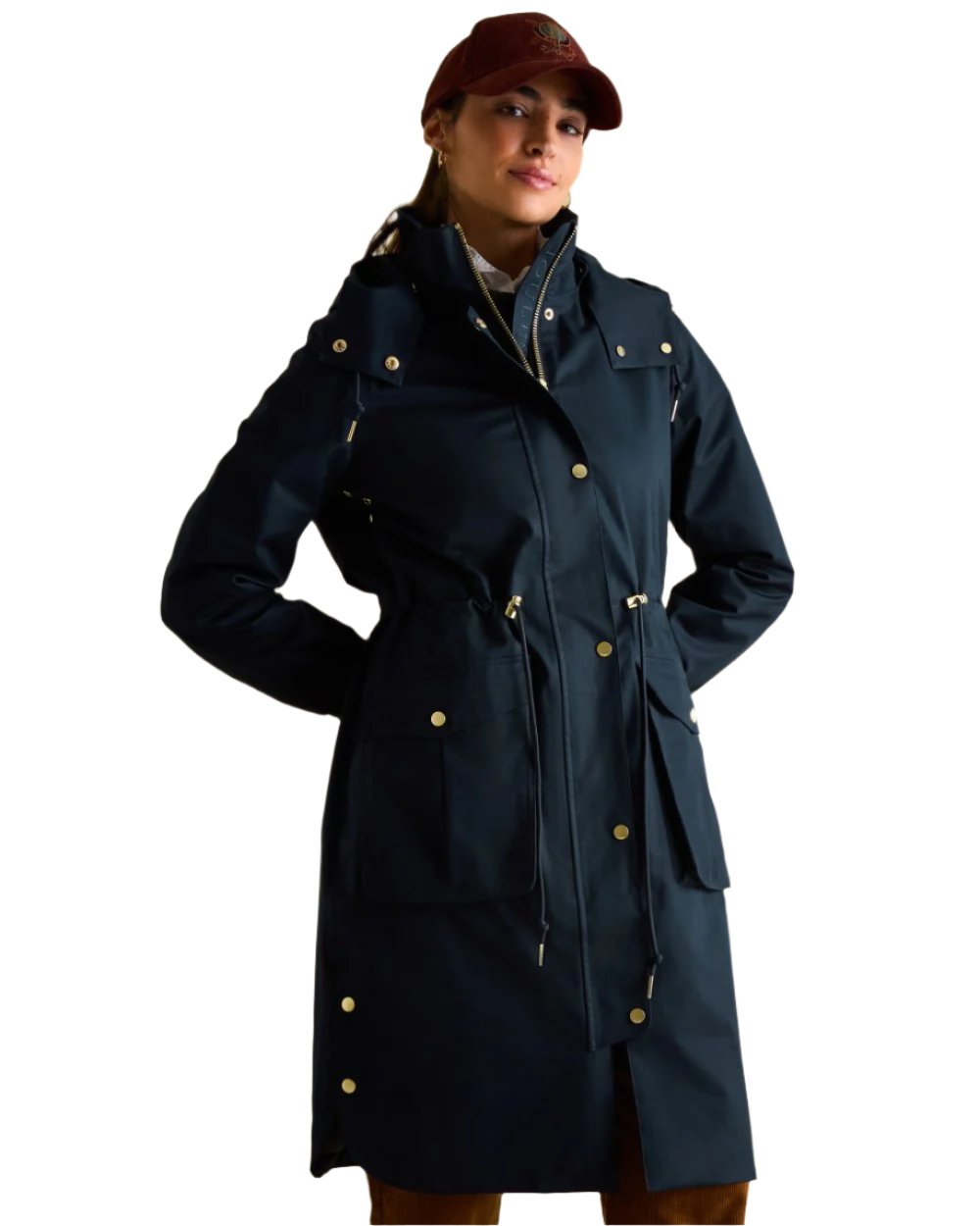 Navy Coloured Joules Harpsden Waterproof Long Raincoat With Hood On A White Background 