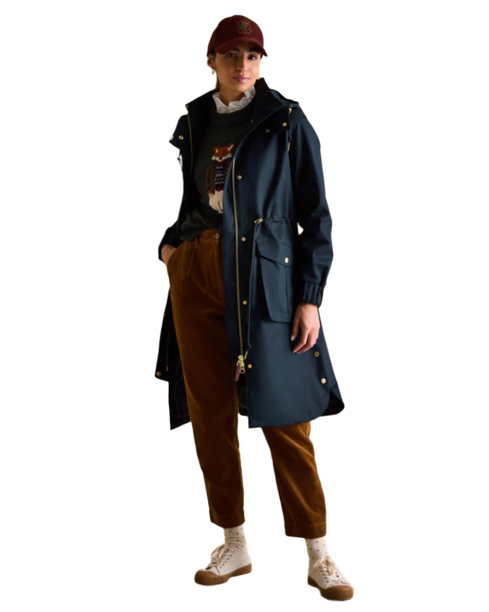 Navy Coloured Joules Harpsden Waterproof Long Raincoat With Hood On A White Background 