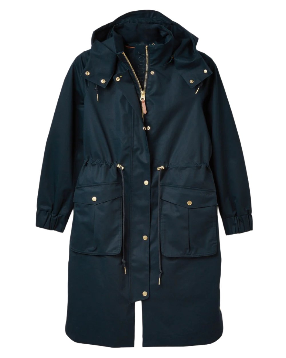 Navy Coloured Joules Harpsden Waterproof Long Raincoat With Hood On A White Background 