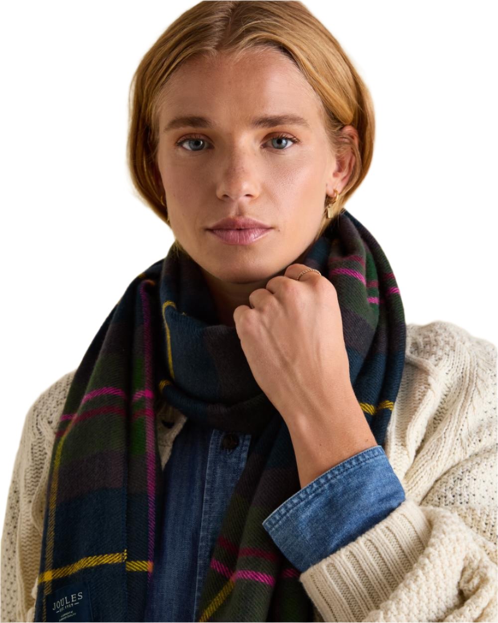 Navy Check Coloured Joules Langtree Scarf On A White Background 