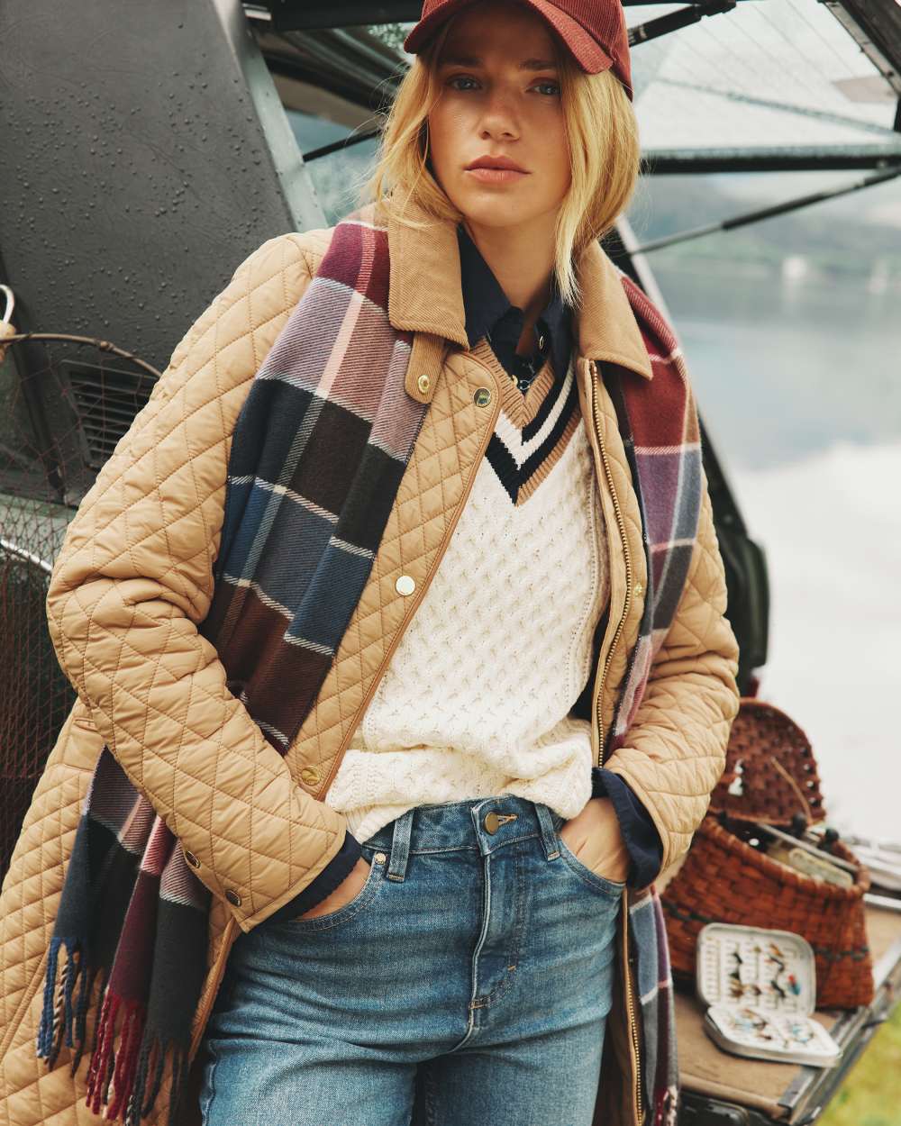 Red Gingham Coloured Joules Langtree Scarf On A Lake Background 