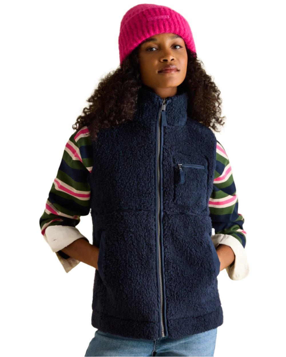 Navy Blue Coloured Joules Mallory Fleece Gilet On A White Background 