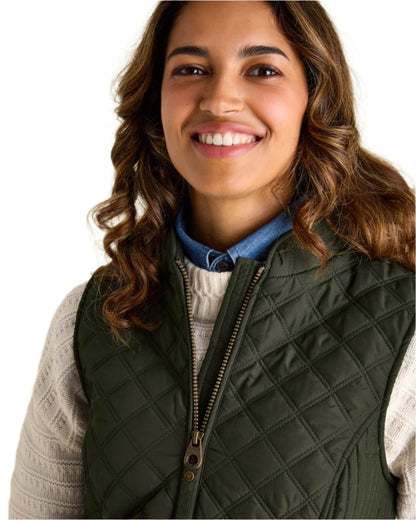 Khaki Coloured Joules Minx Showerproof Diamond Quilted Gilet On A White Background 