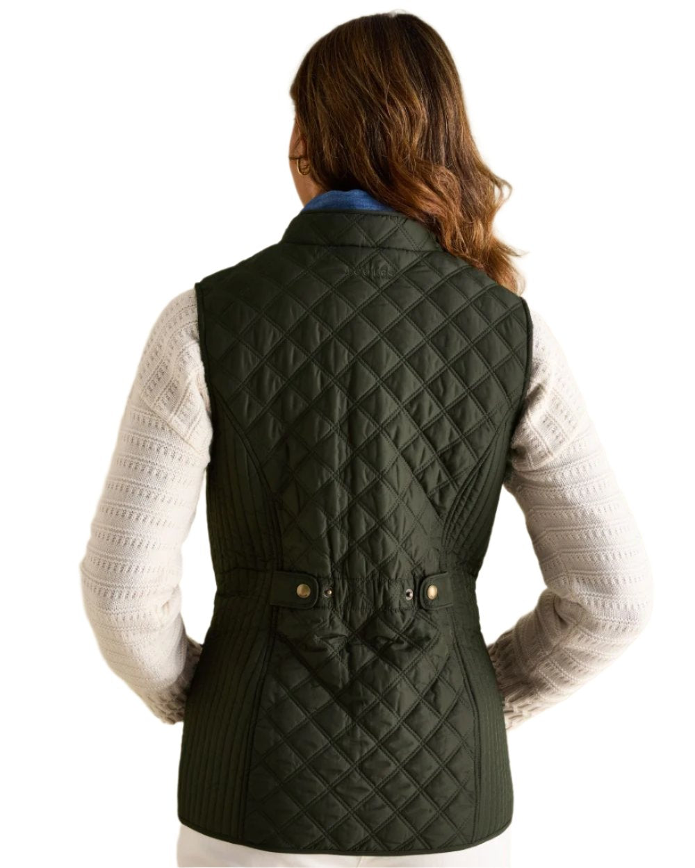 Khaki Coloured Joules Minx Showerproof Diamond Quilted Gilet On A White Background 