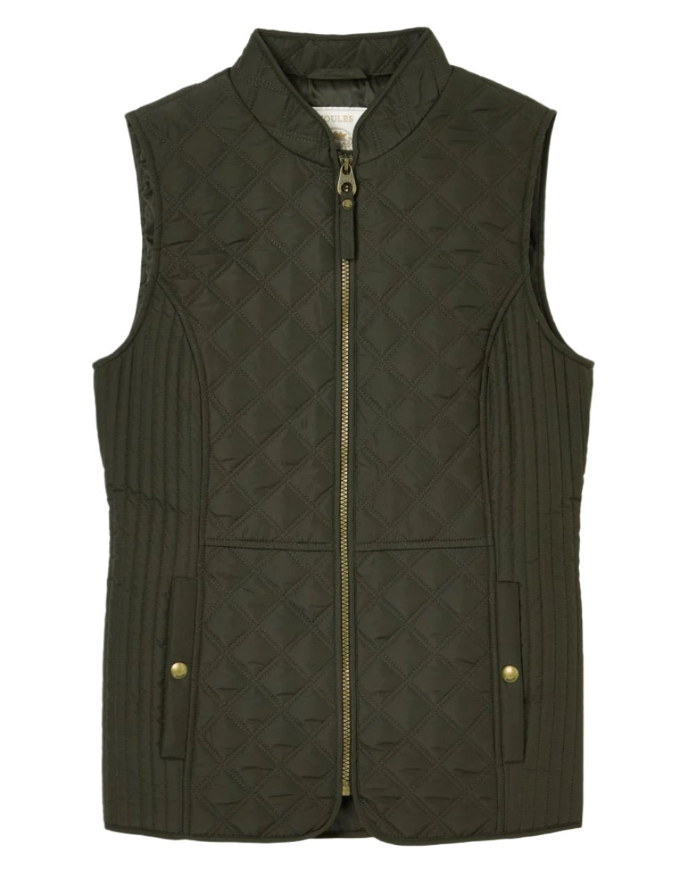 Khaki Coloured Joules Minx Showerproof Diamond Quilted Gilet On A White Background 