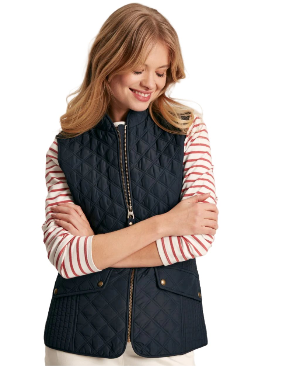 Navy Coloured Joules Minx Showerproof Diamond Quilted Gilet On A White Background 