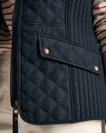 Navy Coloured Joules Minx Showerproof Diamond Quilted Gilet On A White Background 