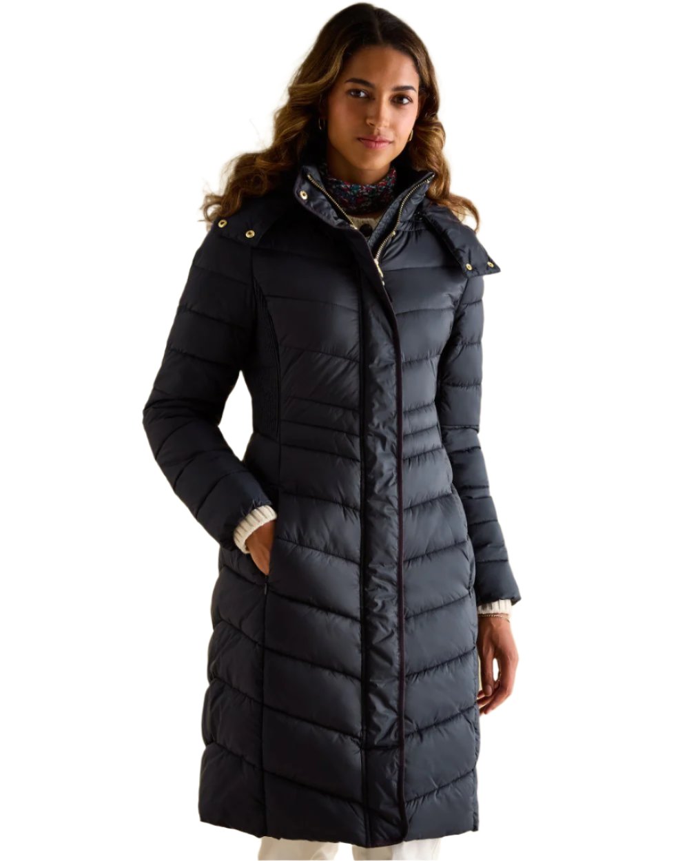 Dark Navy Coloured Joules Pembury Showerproof Longline Padded Coat On A White Background