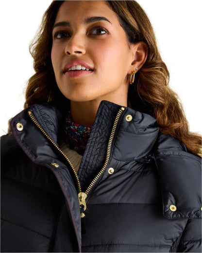 Dark Navy Coloured Joules Pembury Showerproof Longline Padded Coat On A White Background