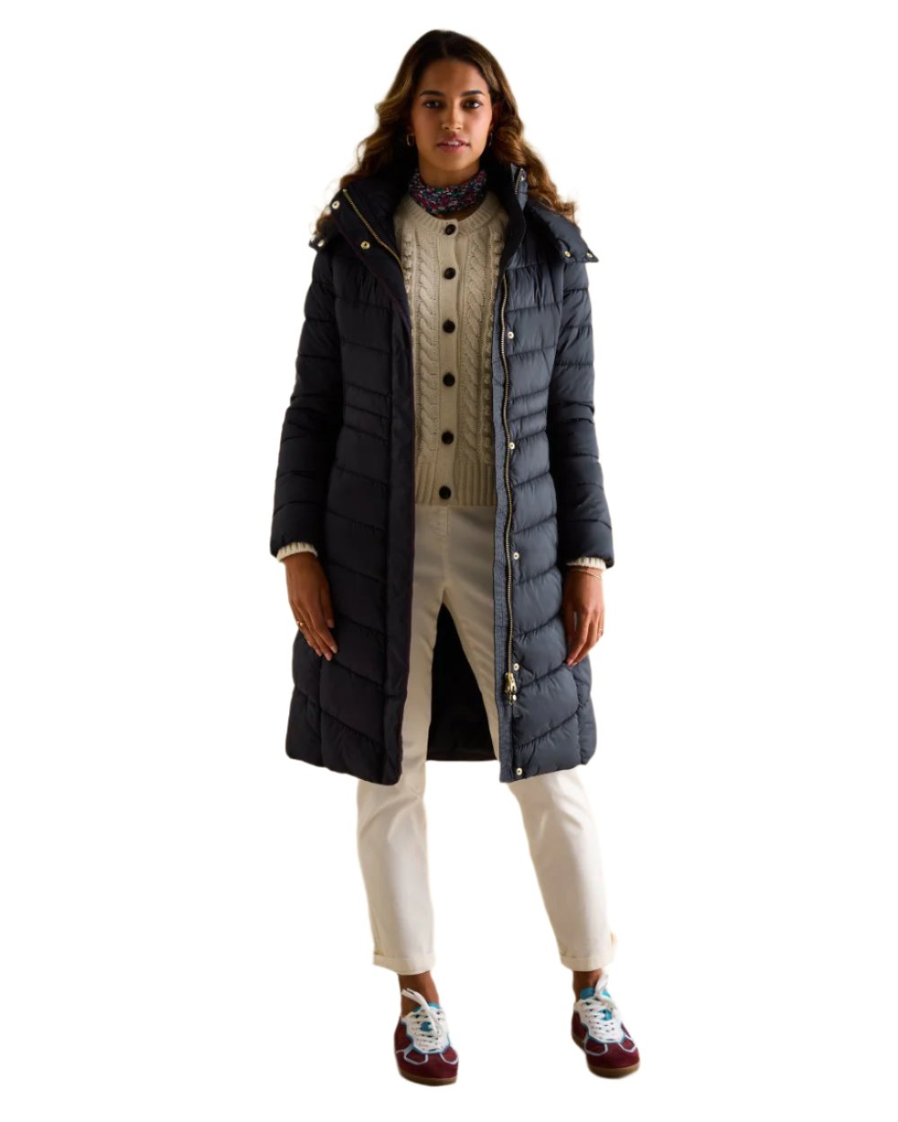 Dark Navy Coloured Joules Pembury Showerproof Longline Padded Coat On A White Background