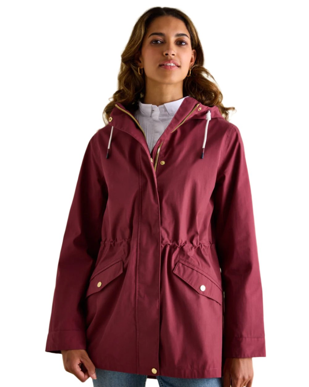 Dark Red Coloured Joules Portwell Waterproof Raincoat With Hood On A White Background 