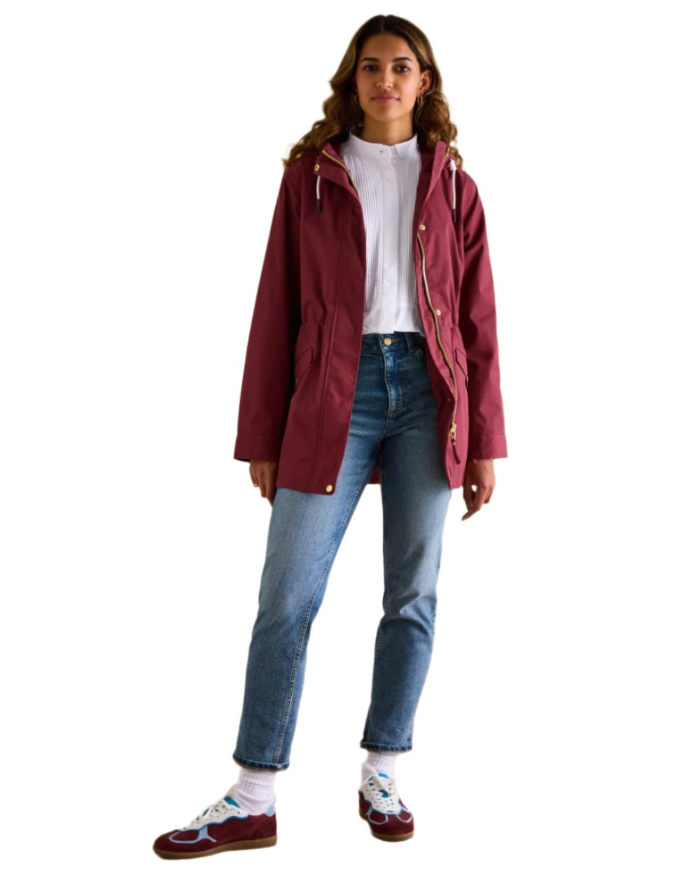 Dark Red Coloured Joules Portwell Waterproof Raincoat With Hood On A White Background 