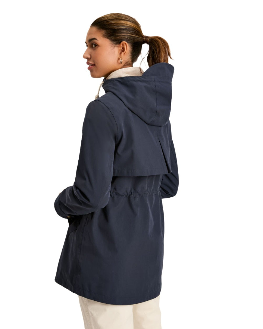 Navy Blue Coloured Joules Portwell Waterproof Raincoat With Hood On A White Background 