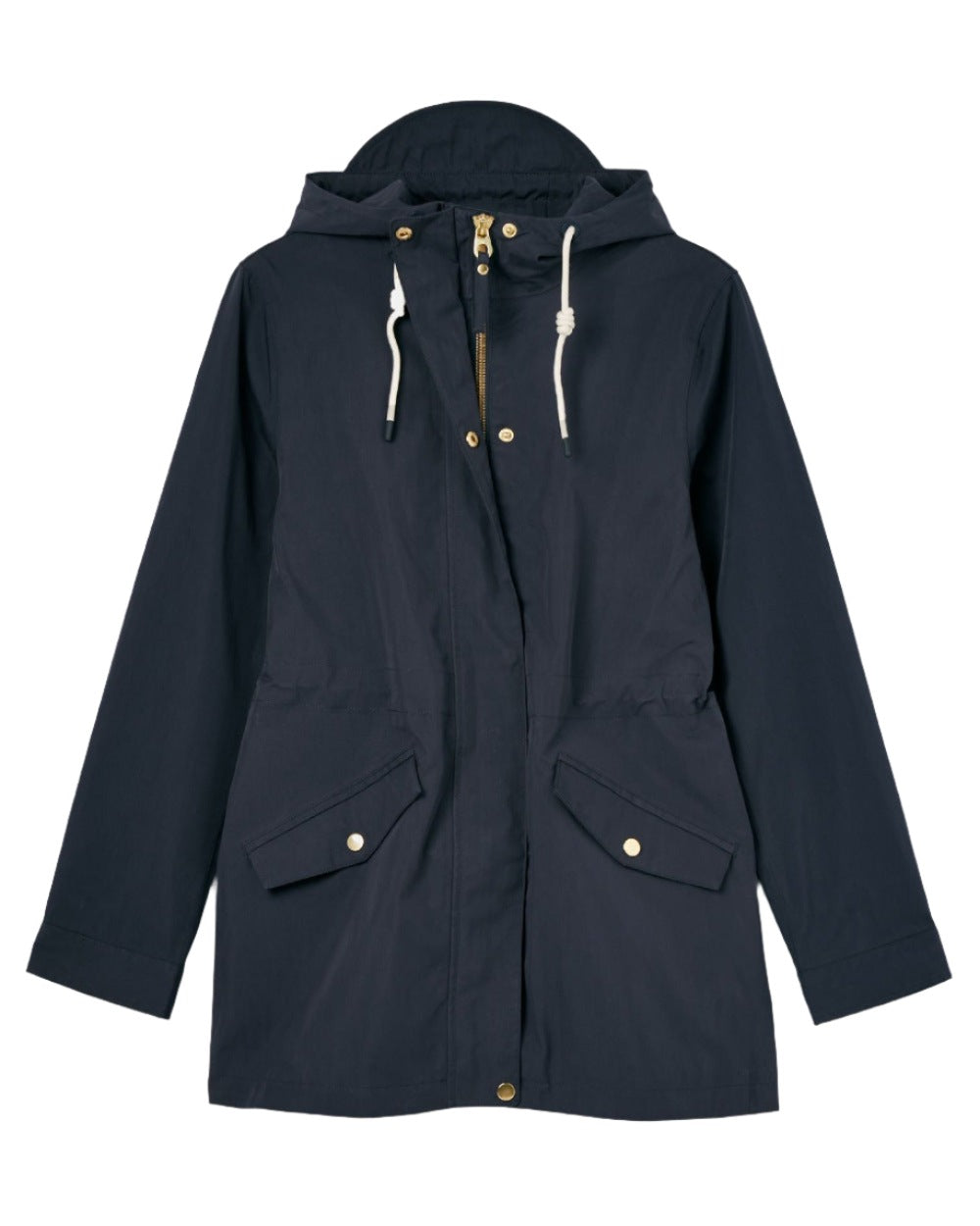 Navy Blue Coloured Joules Portwell Waterproof Raincoat With Hood On A White Background 