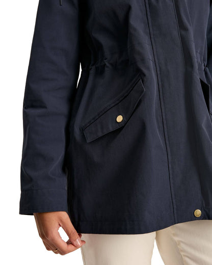 Navy Blue Coloured Joules Portwell Waterproof Raincoat With Hood On A White Background 