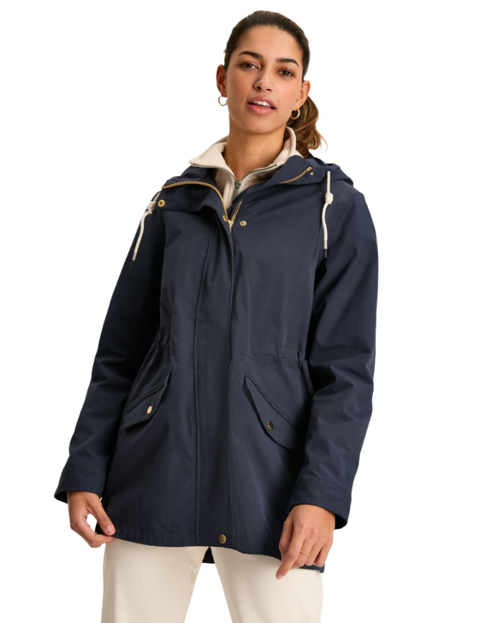 Navy Blue Coloured Joules Portwell Waterproof Raincoat With Hood On A White Background 