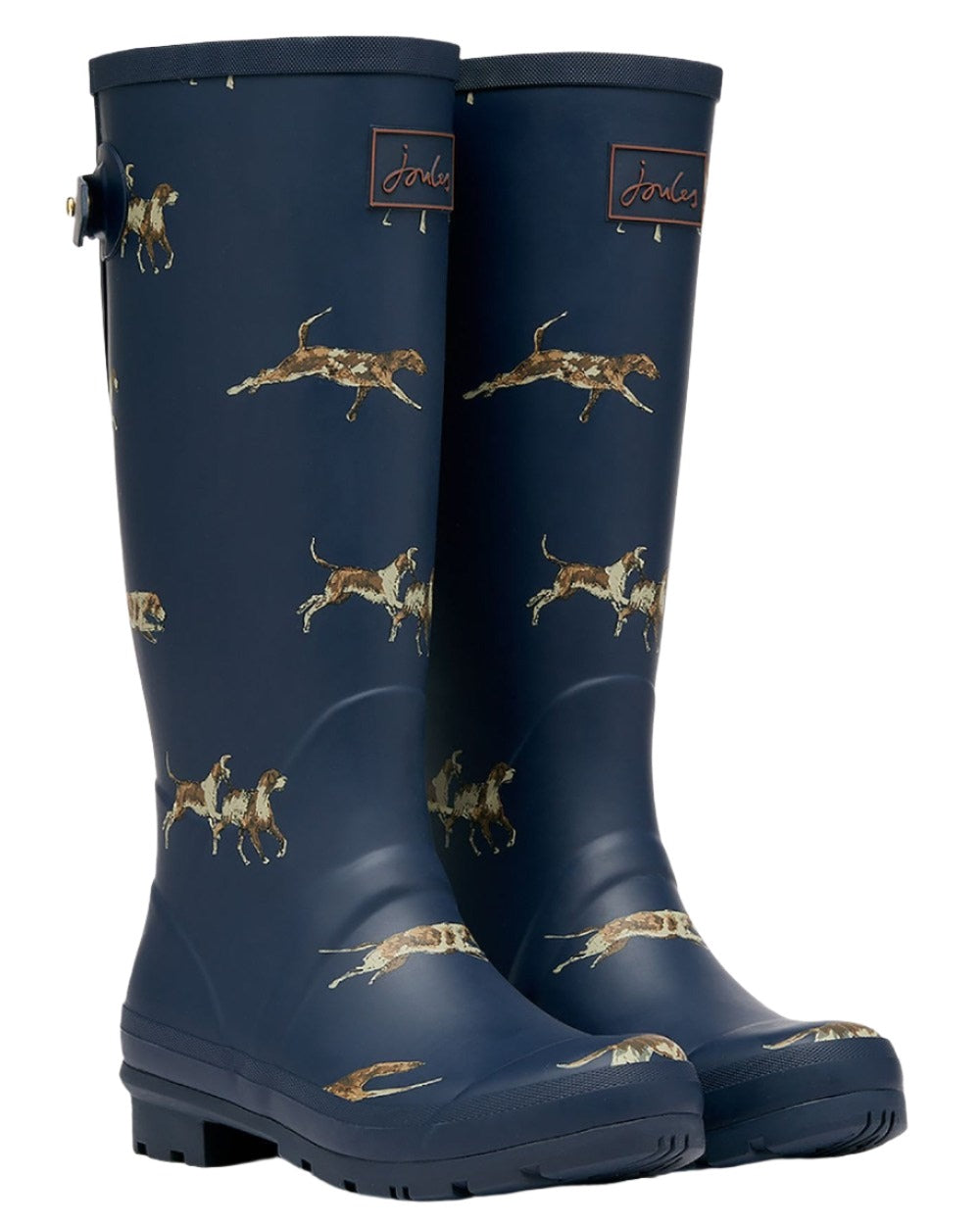 Navy Blue Dog Print Coloured Joules Printed Wellies On A White Background 