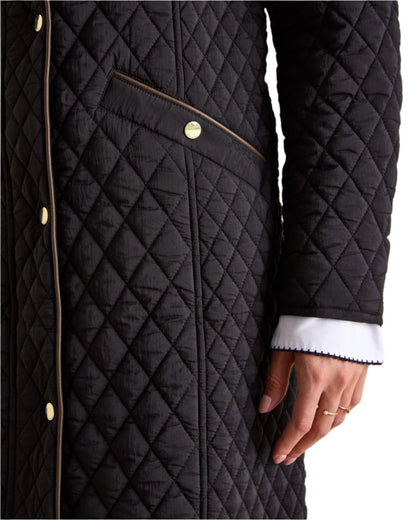 Black Coloured Joules Rosewell Showerproof Longline Diamond Quilted Coat On A White Background 