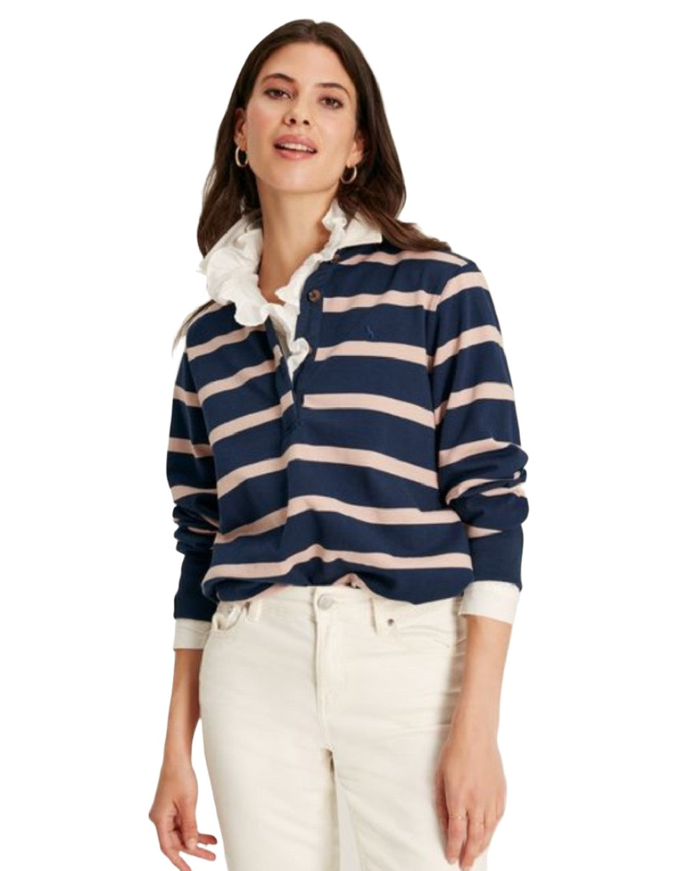 Navy Blue Coloured Joules Sammie Striped Heavyweight Cotton Rugby Shirt On A White Background 